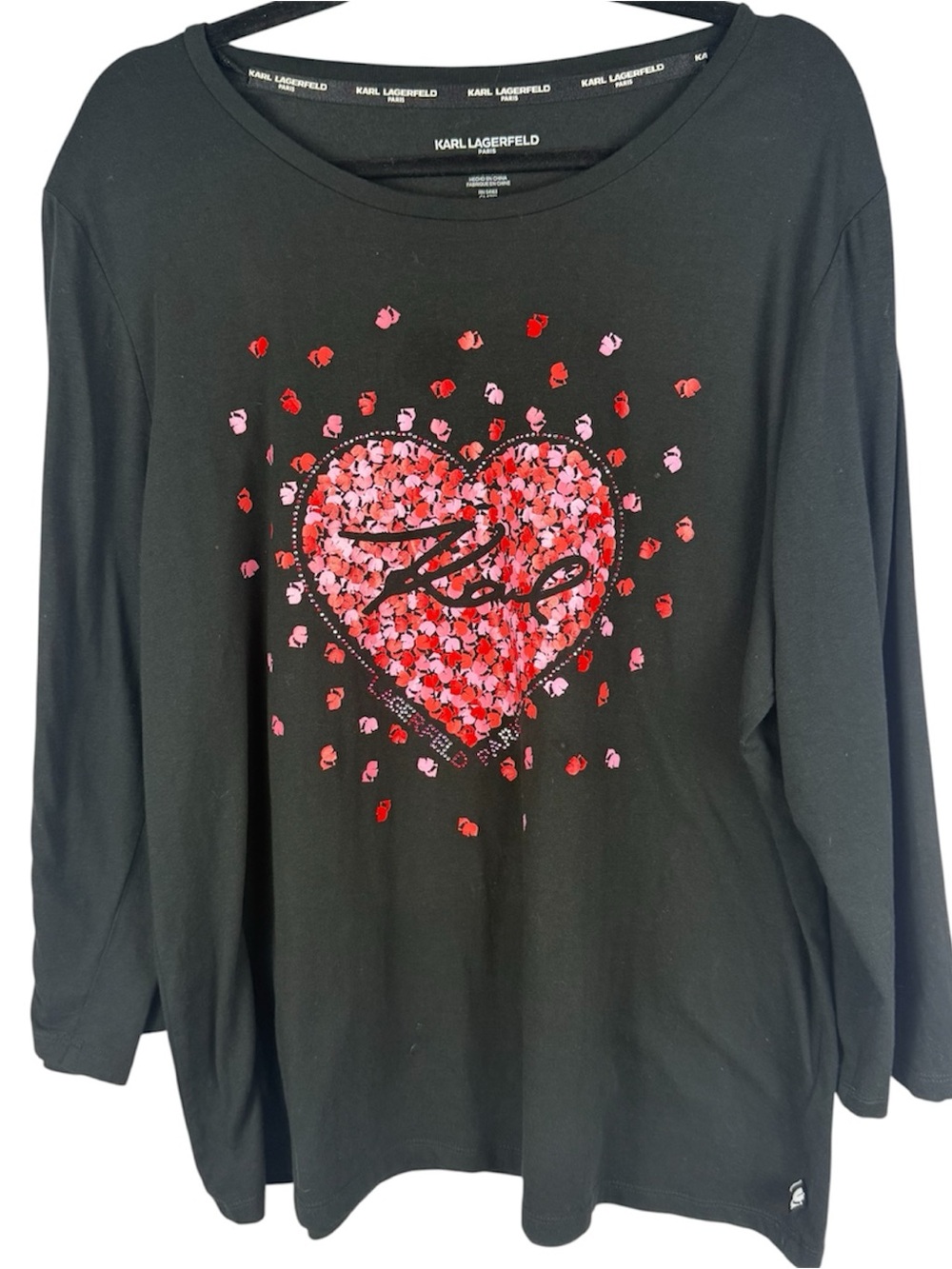 Karl Lagerfeld Paris Cotton Blend Rhinestone Heart Long Sleeve Tee Top Black XL